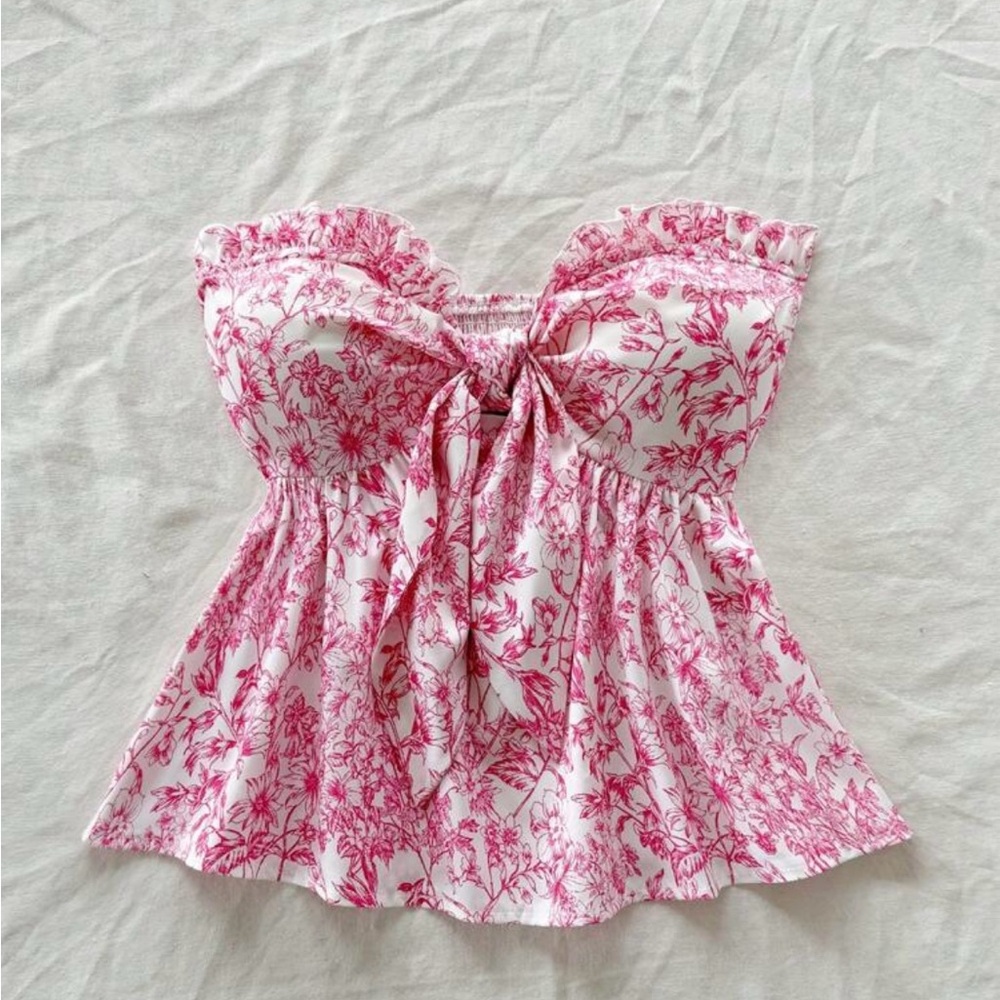 Floral Pink and White Strapless Top
